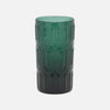 A tall, cylindrical highball glass with a textured, embossed geometric pattern, featuring a gradient color transition from translucent teal-green at the top to opaque dark green at the bottom, set against a plain light gray background.