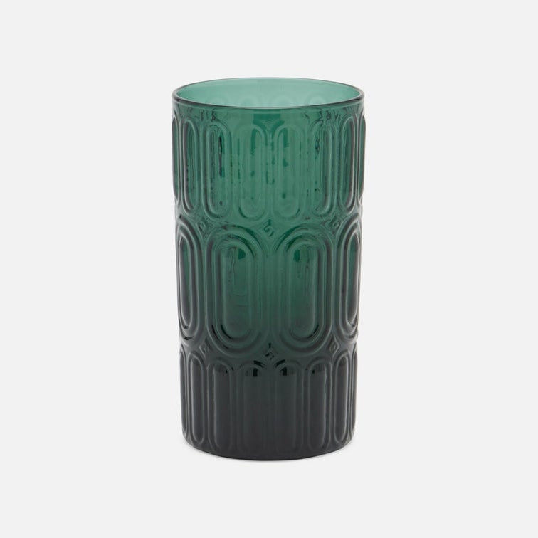 A tall, cylindrical highball glass with a textured, embossed geometric pattern, featuring a gradient color transition from translucent teal-green at the top to opaque dark green at the bottom, set against a plain light gray background.