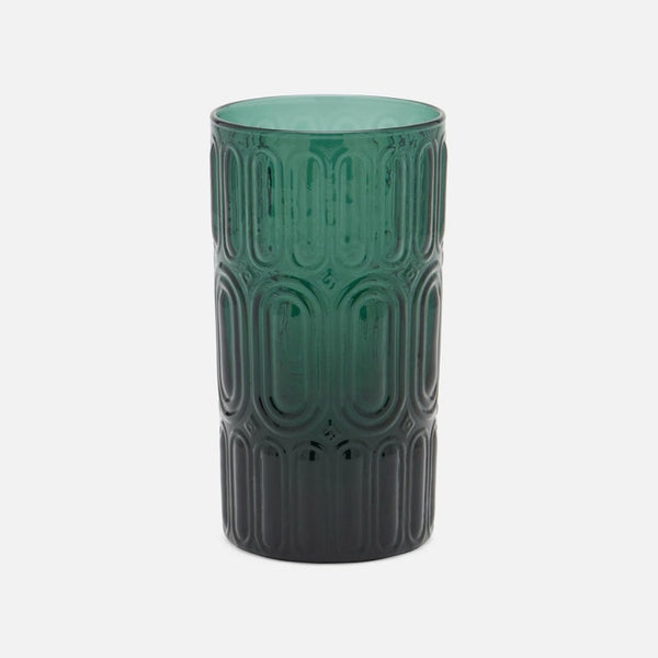 A tall, cylindrical highball glass with a textured, embossed geometric pattern, featuring a gradient color transition from translucent teal-green at the top to opaque dark green at the bottom, set against a plain light gray background.