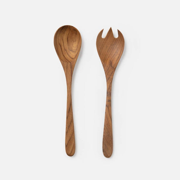 A wooden salad spoon and serving fork set with a visible natural wood grain pattern, displayed on a clean, light gray background.