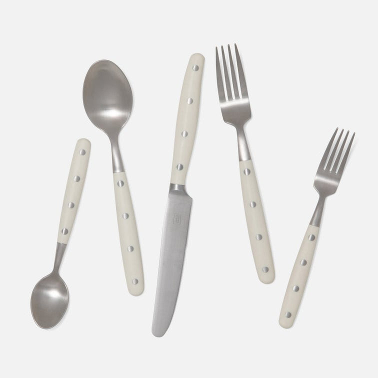 Blue Pheasant Jones Cream Pom Handle/Silver Stainless Steel Flatware 5-Piece Set