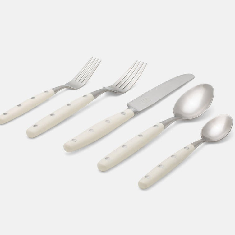 Blue Pheasant Jones Cream Pom Handle/Silver Stainless Steel Flatware 5-Piece Set