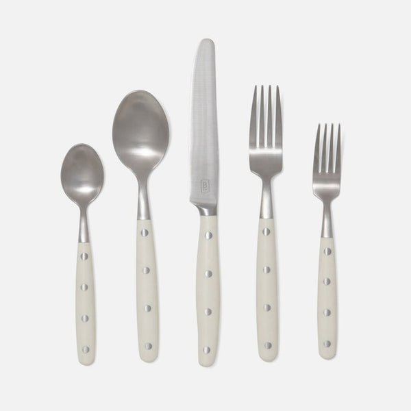 Blue Pheasant Jones Cream Pom Handle/Silver Stainless Steel Flatware 5-Piece Set
