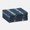 Coaster set with a blue and off-white tie-dye patterned fabric cover, featuring three horizontal black slots on the front, set against a plain light gray background.