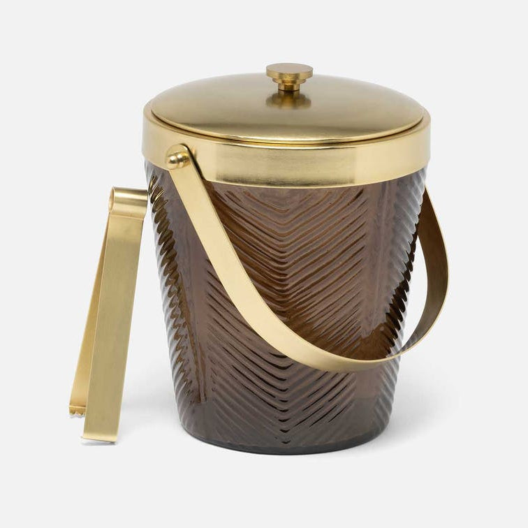 A dark brown textured glass ice bucket with a polished gold-tone metal lid, handle, and tongs, shown on a light gray background.