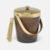 A dark brown textured glass ice bucket with a polished gold-tone metal lid, handle, and tongs, shown on a light gray background.