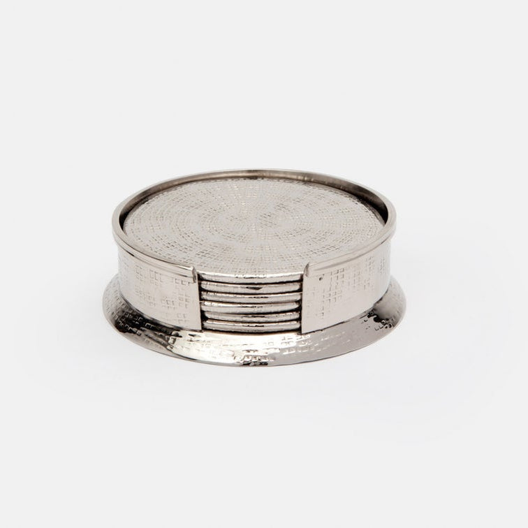A small round silver-toned metal coaster holder with a textured top and a flared base, photographed on a clean white background.