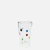 Clear glass with colorful dots on a white background