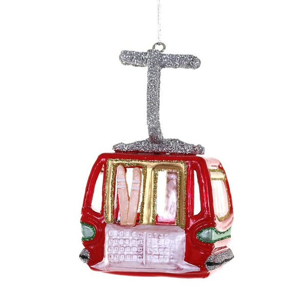 A red and gold cable car Christmas ornament with a silver glittery T-pole and hanging loop, shown against a plain white background.