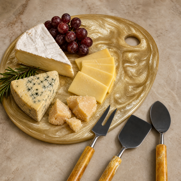 A styled cheese board scene on a beige stone surface. A carved gold-toned serving platter holds assorted cheeses, red grapes, and a sprig of rosemary, with three cheese knives below it.