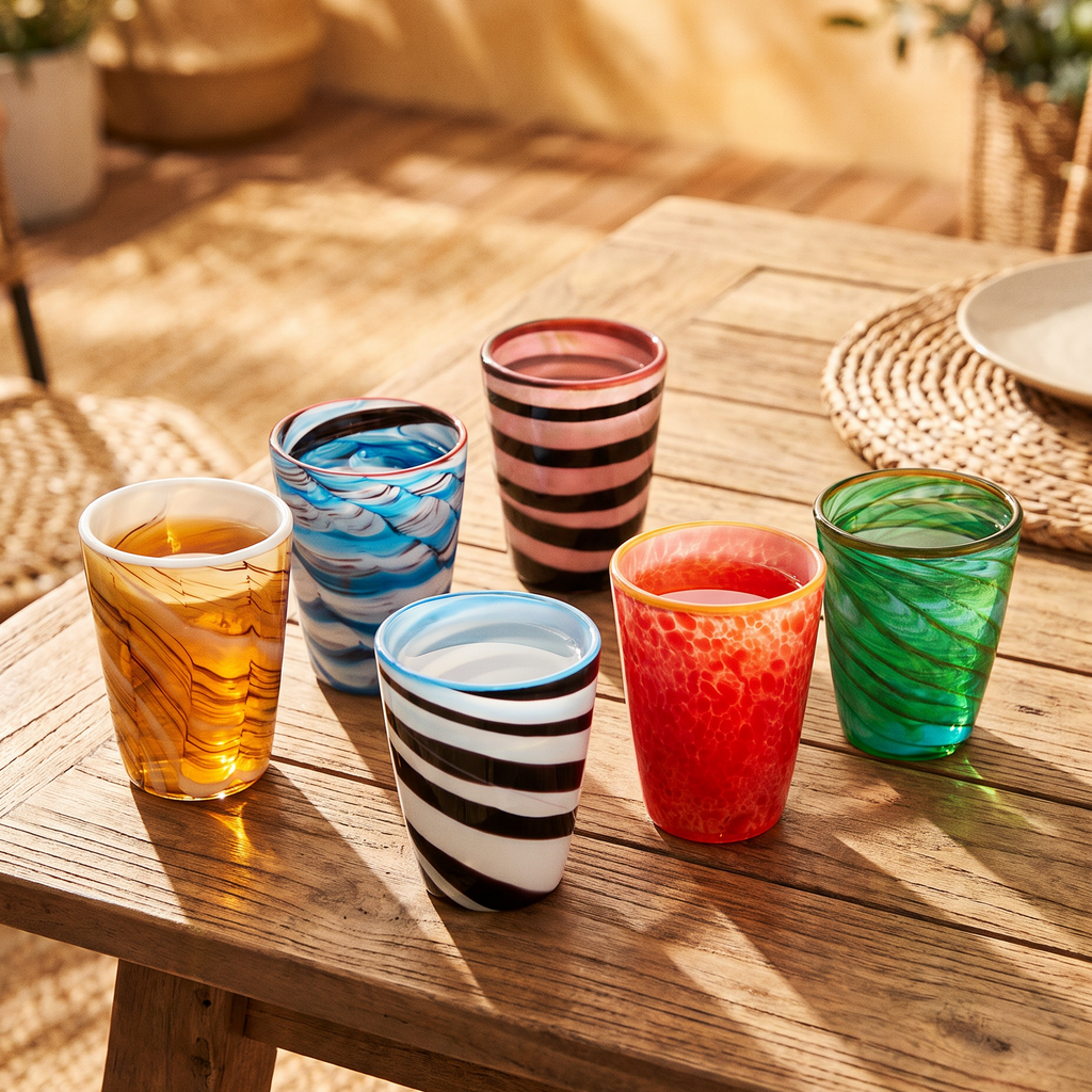 Six colorful patterned drinking glasses arranged on a rustic wooden table in a warm, sunlit outdoor setting with plants and woven decor in the background.