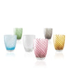 Five textured glass tumblers with spiral patterns in blue, green, clear, gray, pink, and gold, arranged on a reflective white surface.