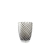 A clear glass with a textured, ribbed spiral pattern in silver and dark gray tones, shown against a plain white background.