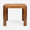 A square wooden table with thick blocky legs, featuring a glossy finish and distinctive wavy wood grain patterns, shown against a plain white background.
