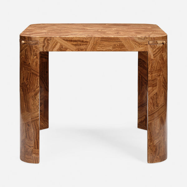 A square wooden table with thick blocky legs, featuring a glossy finish and distinctive wavy wood grain patterns, shown against a plain white background.