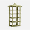Green wicker bookshelf with a thatched roof on a white background