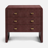 A three-drawer nightstand with a dark reddish-brown textured finish and small rectangular gold metal handles, shown against a light gray background.