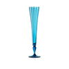 A tall, slender blue glass champagne flute with a flared rim and a turned stem base, shown on a clean white background.