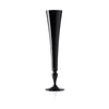 A tall, slender black glass champagne flute  or goblet with a flared rim and a decorative stem, shown on a clean white background.