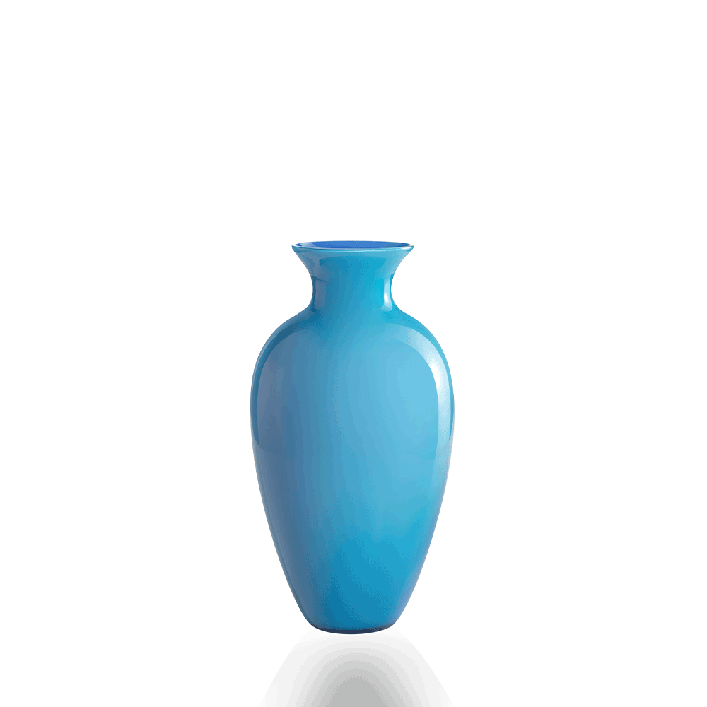 A glossy glass vase in a vibrant turquoise blue color, featuring a flared rim and a rounded body, set against a plain white background with a soft reflection below.