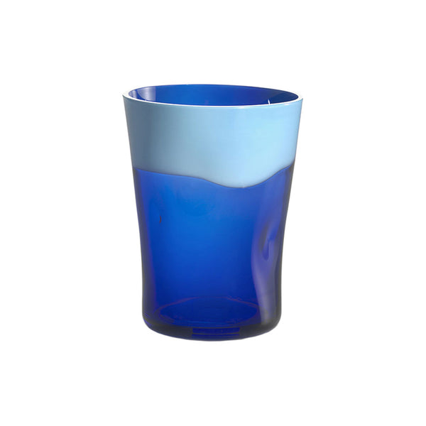Cobalt blue and light blue water glass on flat white background