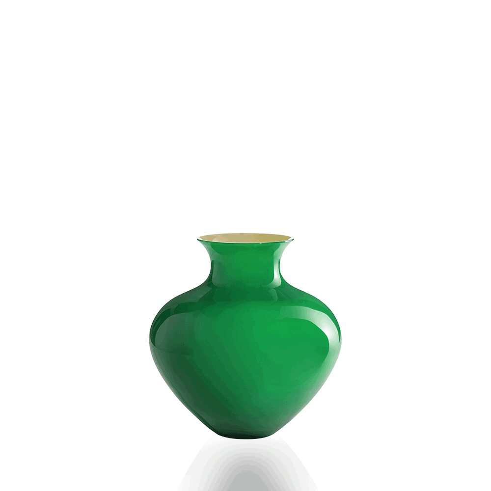 A glossy green glass vase with a rounded body, narrow neck, and flared rim, shown on a clean white background with a soft reflection below.