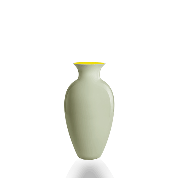 A grey Nason Moretti glass vase with a yellow rim, standing against a white background.