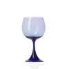 Wine glass with a blue base and light purple bowl on a white background