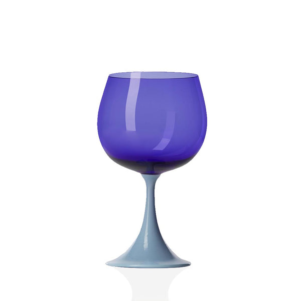 Cobalt blue and light blue glass wine glass on flat white background