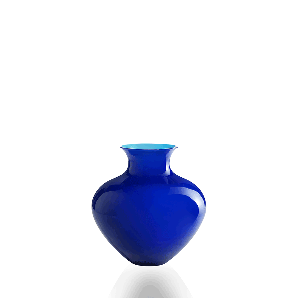 A glossy cobalt blue glass vase with a rounded body and a short flared neck, shown on a clean white background with a soft reflection below.