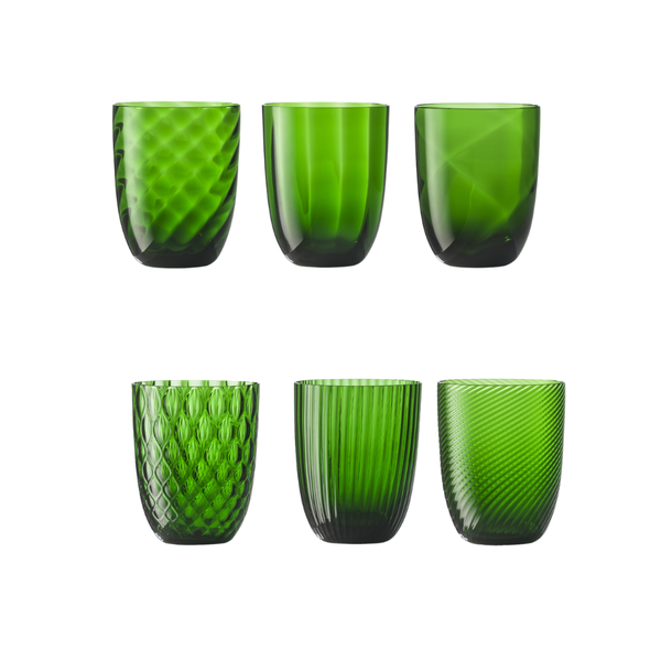 Set of  bright green water glasses on flat white background