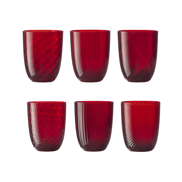 Set of 6 red water glasses on flat white background