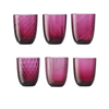 Set of 6 magenta water glasses on flat white background