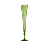 A tall, slender green glass champagne flute with a flared rim and a small round base, shown on a clean white background.