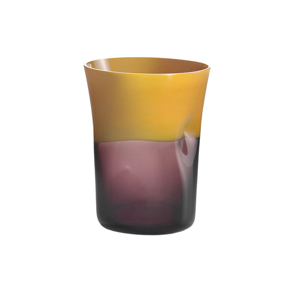 Yellow and purple brown glass on flat white background