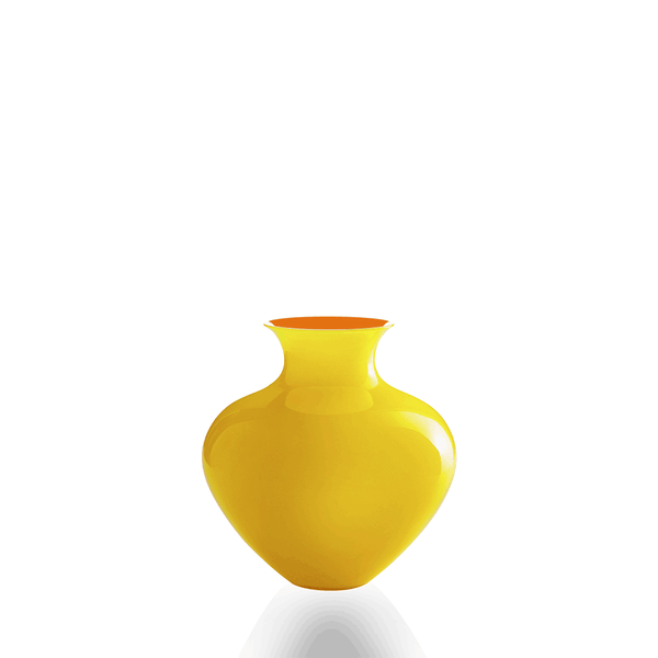 A glossy yellow ceramic vase with a flared rim and a subtle orange interior, centered on a clean white background with a soft reflection below.