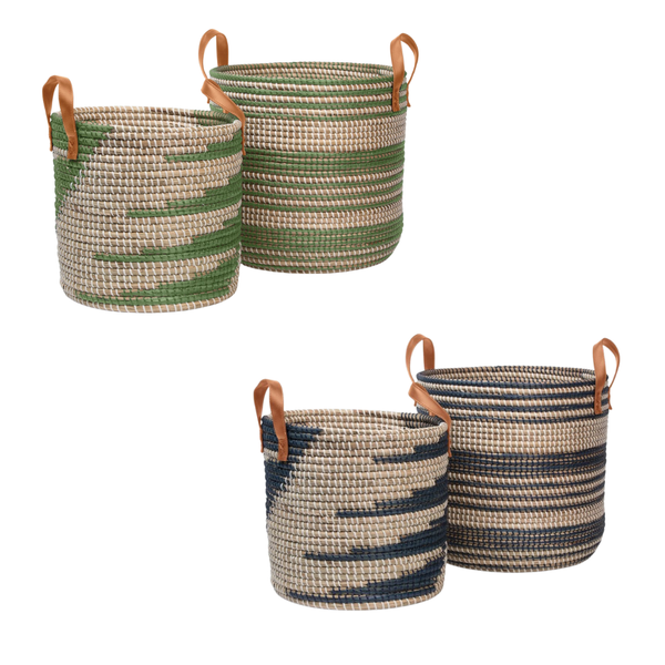 Four woven storage baskets with tan handles, shown in three colorways: green and beige, green and white, and navy and beige. The baskets are arranged on a plain white background.
