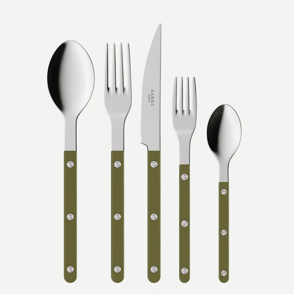 Five-piece cutlery set with olive green handles and polished silver stainless steel heads, including a spoon, two forks, a knife, and a teaspoon, arranged vertically on a light gray background.