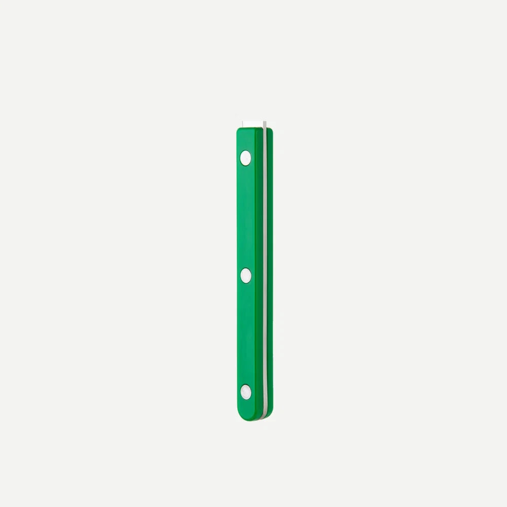 A slim green rectangular handle with three evenly spaced white circular cutouts, shown vertically against a plain light gray background.