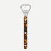 Bottle opener with tortoiseshell handle and silver accents on a white background