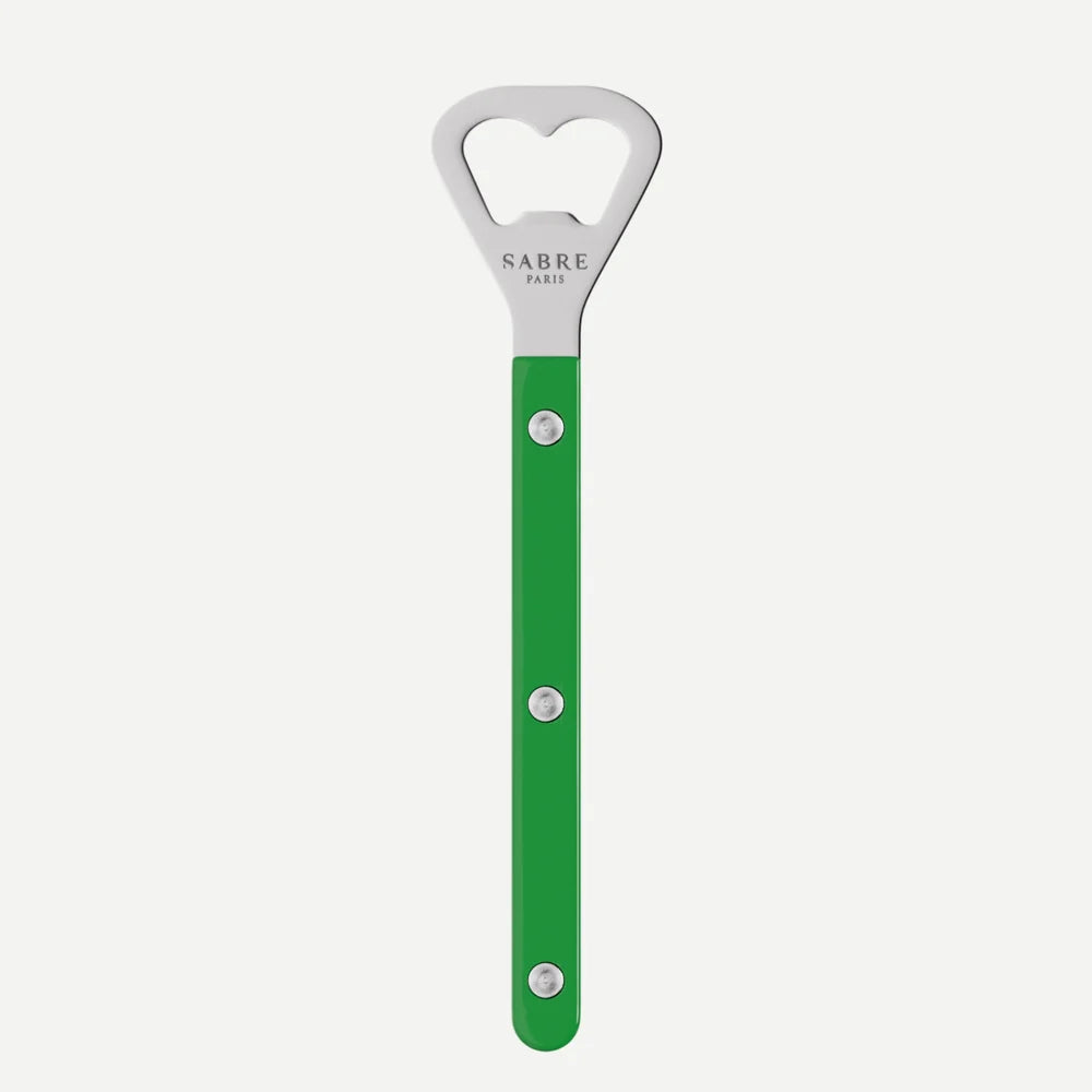 Green bottle opener with silver accents on a white background