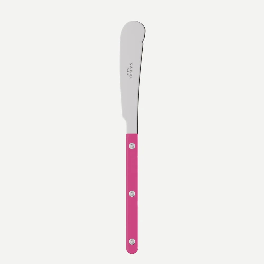 Stainless steel knife with a pink handle on a white background