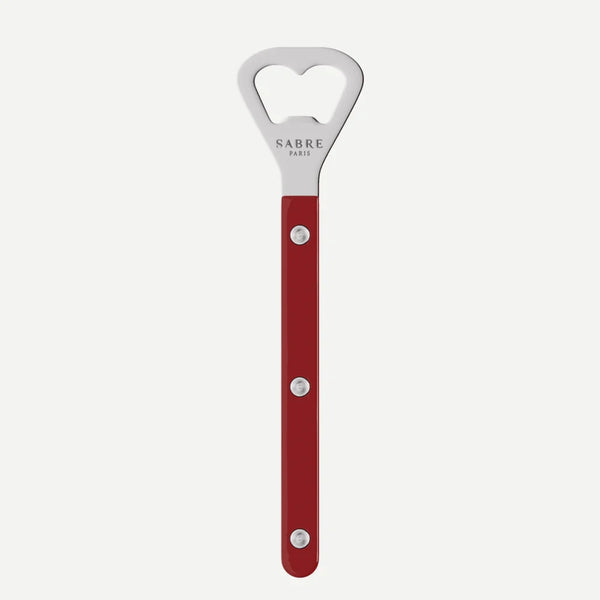 Red bottle opener with silver cap on a white background