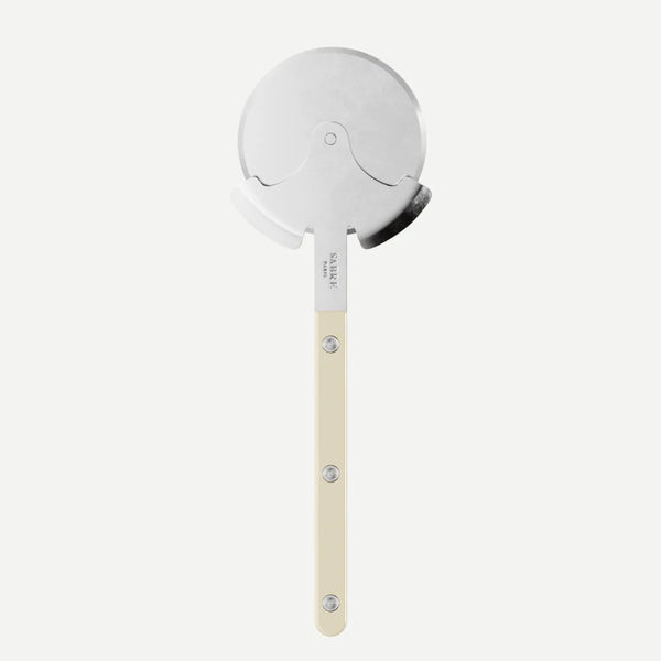 White pizza cutter with a beige handle on a white background