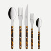 Five-piece cutlery set with polished silver-tone stainless steel heads and tortoiseshell-patterned handles, arranged vertically on a light gray background. The handles feature a mottled brown and amber pattern with silver rivets.