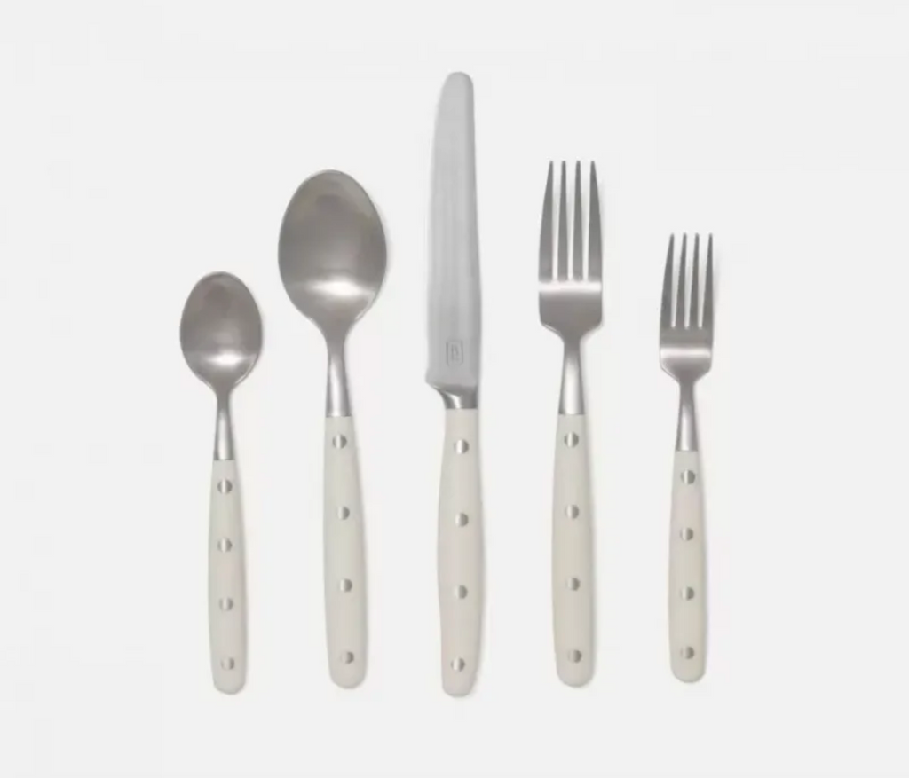 Blue Pheasant Jones Cream Pom Handle/Silver Stainless Steel Flatware 5-Piece Set