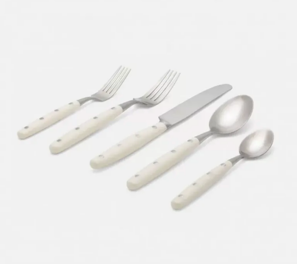 Blue Pheasant Jones Cream Pom Handle/Silver Stainless Steel Flatware 5-Piece Set