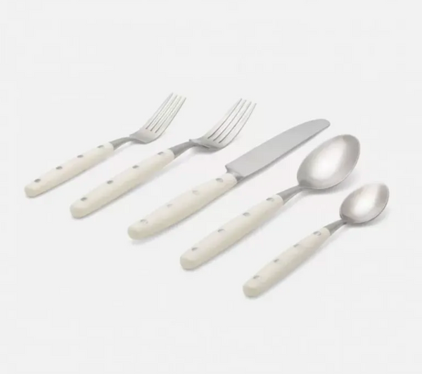 Blue Pheasant Jones Cream Pom Handle/Silver Stainless Steel Flatware 5-Piece Set