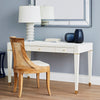 White desk with a wooden chair against a gray wall