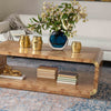 A modern rectangular coffee table with a natural burl wood top and open lower shelf, styled in a living room with a blue patterned rug, white sofa, and decorative gold and blue vases.